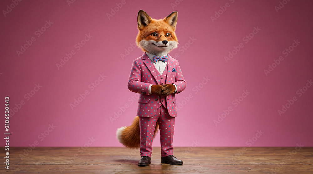 Obraz premium Anthropomorphic fox in pink polka dot suit and bow tie