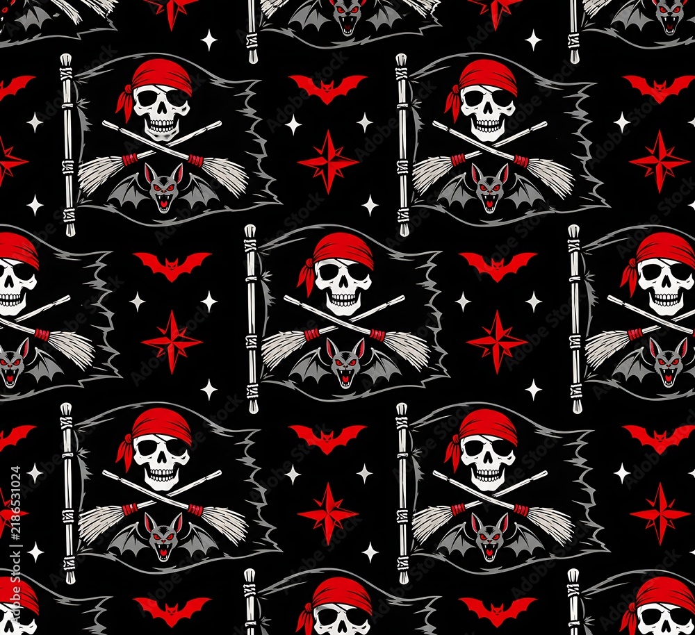 Fototapeta premium Halloween Pirate Skull Seamless Pattern with Witch Broom and Spooky Bats Vector Illustration