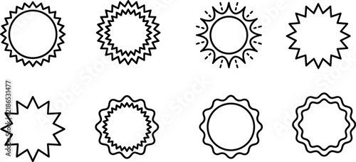 Sun and Starburst Burst Line Icon Set Featuring Zigzag Rays, Star Badges, Wavy Borders, and Sunshine Spark Geometric Outline Vector Graphic Designs