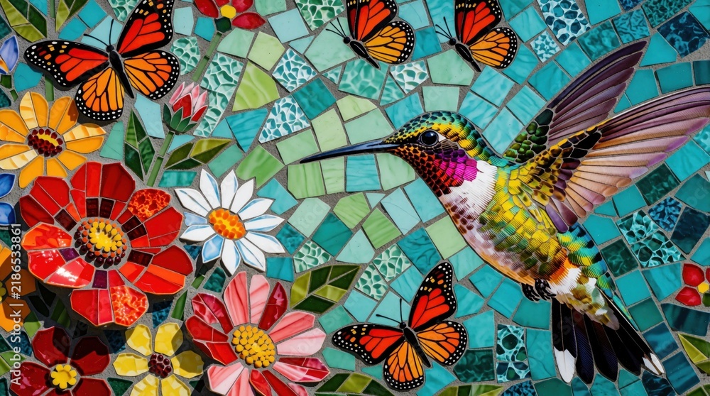 Fototapeta premium Vibrant mosaic art features hummingbird in flight surrounded by colorful flowers, monarch butterflies. Detailed glass tiles create stunning natural scene for decorative purposes. Artwork brings