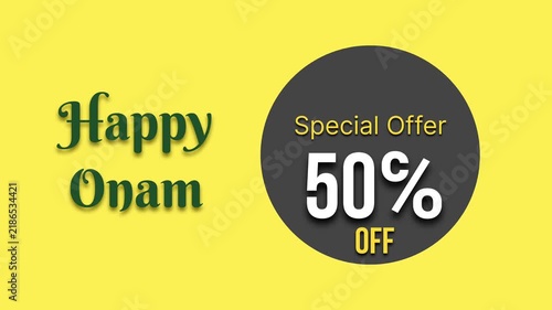 Happy Onam special offer 50 percent off typography animated video. Traditional Onam festival conceptual text moving footage.