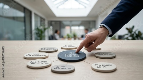 Executive finger pressing key logistics decisions hub button on office table