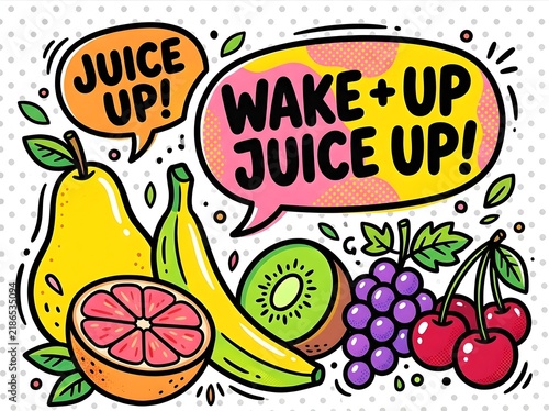 Pop art style illustration of various fresh fruits with speech bubbles