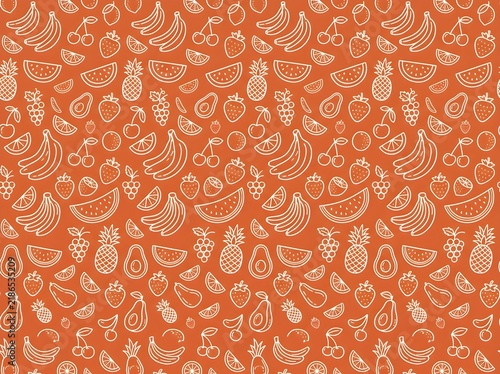 Seamless pattern with various fruits on orange background