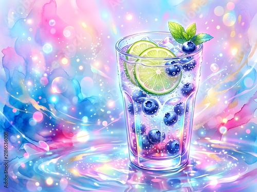 Refreshing blueberry lime infused sparkling water with mint