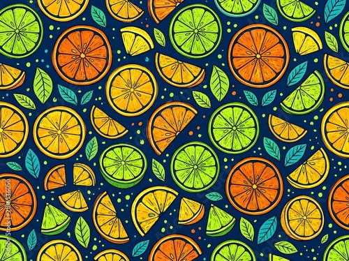 Seamless pattern with handdrawn citrus fruits, oranges, and limes on a dark blue background