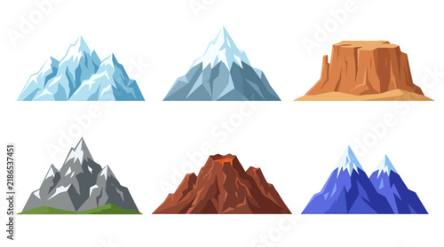 Set of six different mountain icons with snow peaks and volcano shapes in a simple flat cartoon vector style design
