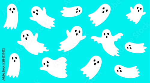 Many cute white ghosts flying and floating in a fun pattern on a bright blue background for a happy halloween design