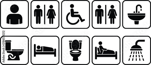 Bathroom restroom icon set with toilet, accessible, men, women, shower, and sink symbols in black silhouette style