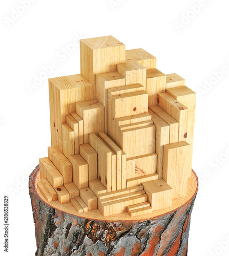 Wooden Blocks Construction on Tree Stump 3D Illustration