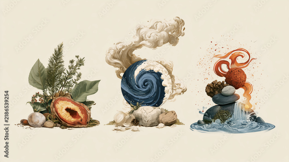 Fototapeta premium Three symbolic Ayurvedic doshas represented by natural elements, herbs, stones, and flowing water