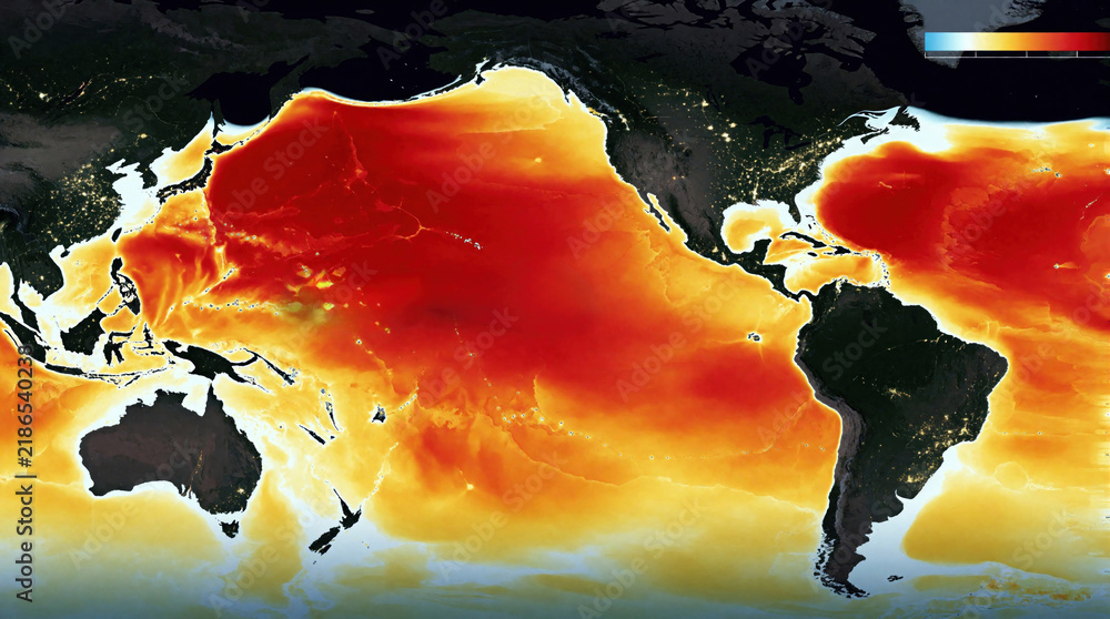 Naklejka premium Global map shows Pacific ocean sea surface temperature anomaly. Red areas indicate extreme heat. This shows a super El Nino event affecting weather patterns worldwide.