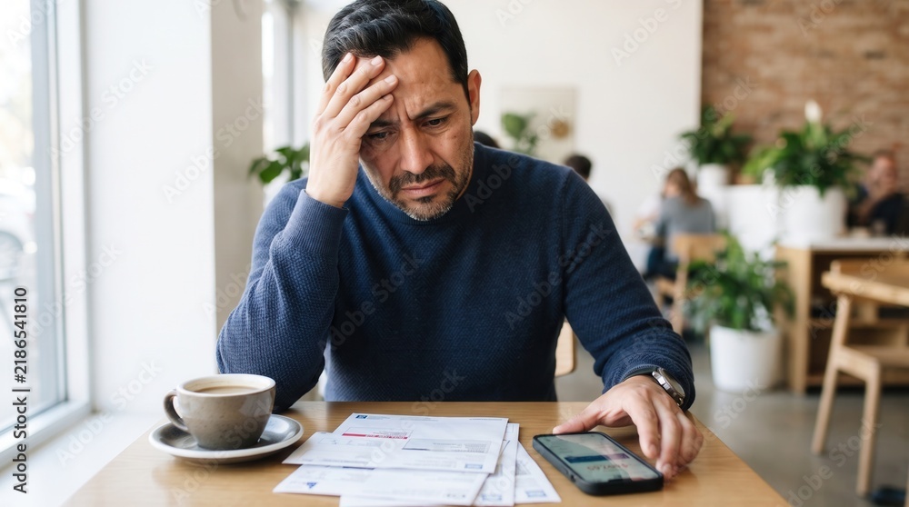 Fototapeta premium Stressed middle aged man reviewing bills and smartphone at bright cafe table with coffee, financial pressure and debt concept