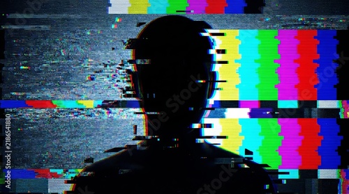 Cybersecurity and data privacy concept featuring a glitchy human figure silhouette over digital noise.
