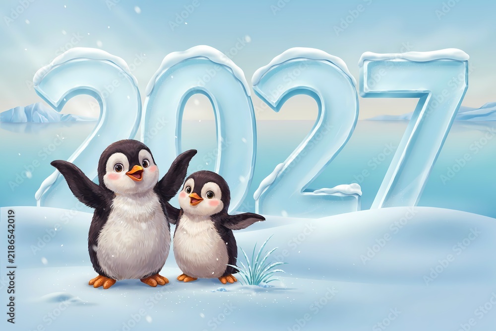 Obraz premium Charming Winter 2027 Celebration Banner Featuring Animated Baby Penguins in Snow Landscape with Frosted Numbers