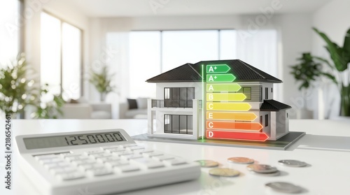 Model house showing energy efficiency rating with calculator and coins for home energy audit.