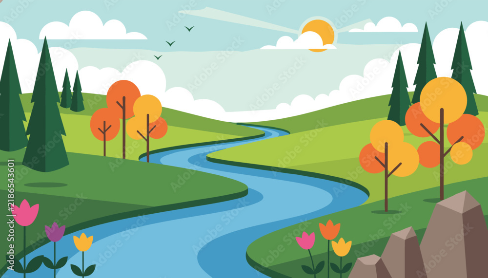 Obraz premium Beautiful nature landscape with a blue river winding through green fields, pine trees, and colorful autumn foliage.