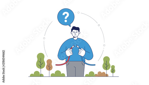 Confused young man holding broken electrical wires trying to figure out how to connect them properly.