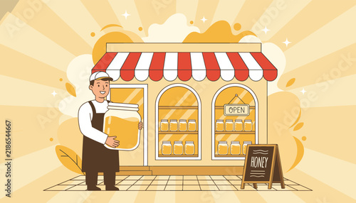 Friendly shopkeeper holding a giant jar of natural honey in front of his local apiary store with shelves.