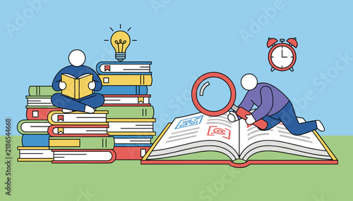 Tiny stick figures reading and searching information in large books with magnifying glass and lightbulb ideas.