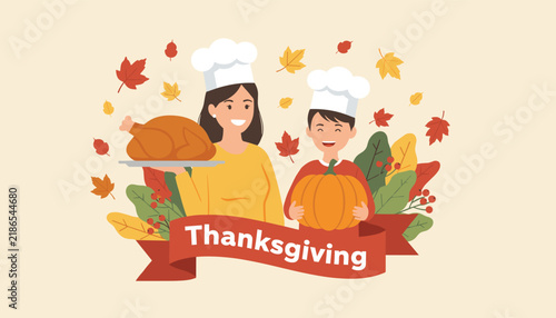 Mother and son in chef hats celebrating Thanksgiving with roasted turkey, pumpkin, and colorful autumn leaves.