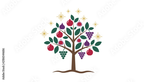 Mystical fruit tree bearing ripe pomegranates, figs and grapes under glittering golden stars in the sky.