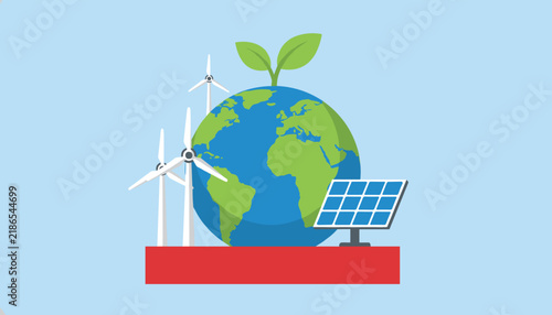 Renewable green energy concept with the planet Earth, wind turbines, solar panels and a fresh sprout.
