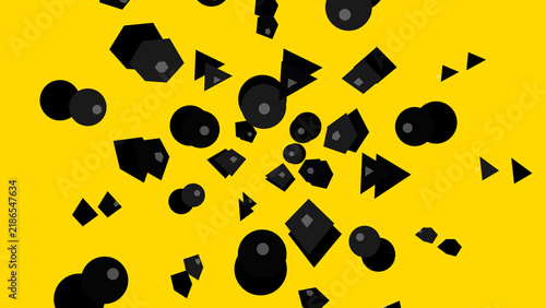 Abstract geometric confetti pattern with 3D circles and polygons design
