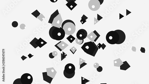 Abstract geometric shapes background with floating 3D circles and polygons burst
