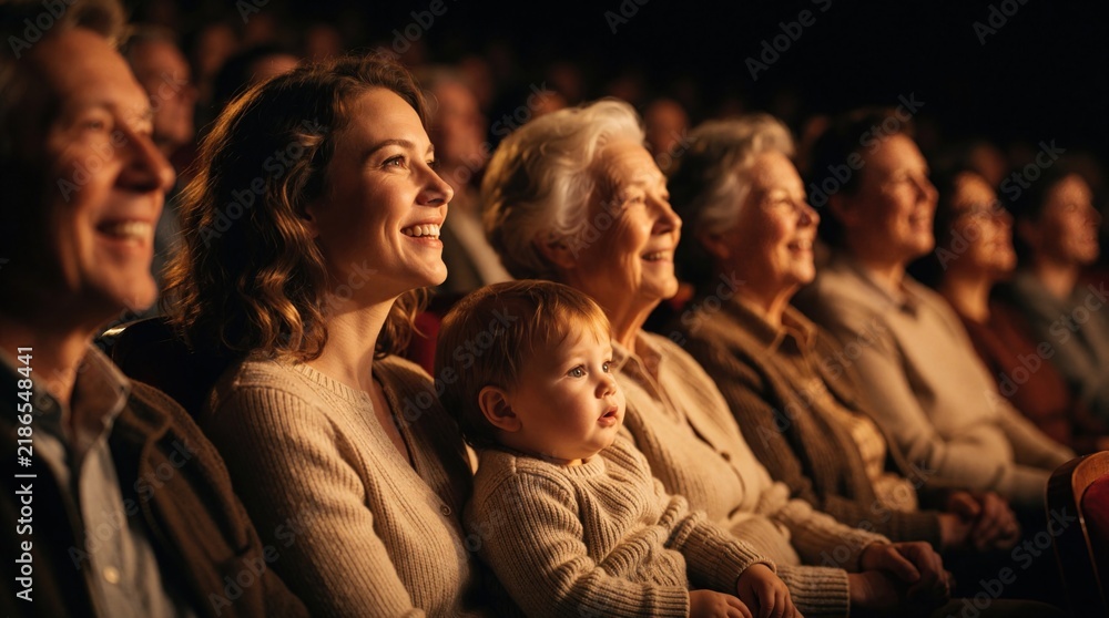 Fototapeta premium Multi-generational family enjoys live performance in theater seats. People watch stage show, excited toddler sits with grandma and parents. Audience smiles, experiences cultural event.