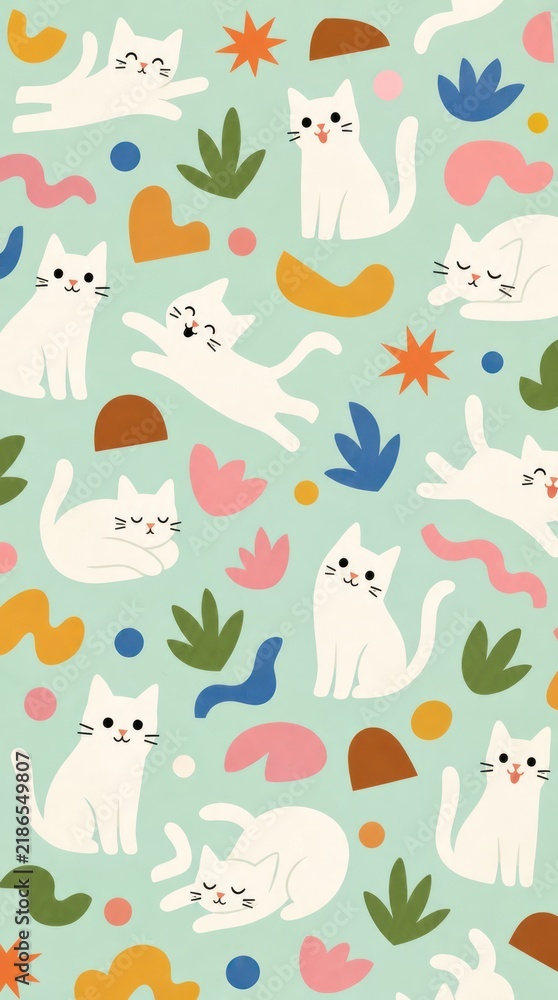 Obraz premium Playful white cats and colorful shapes on a mint background mobile wallpaper.
