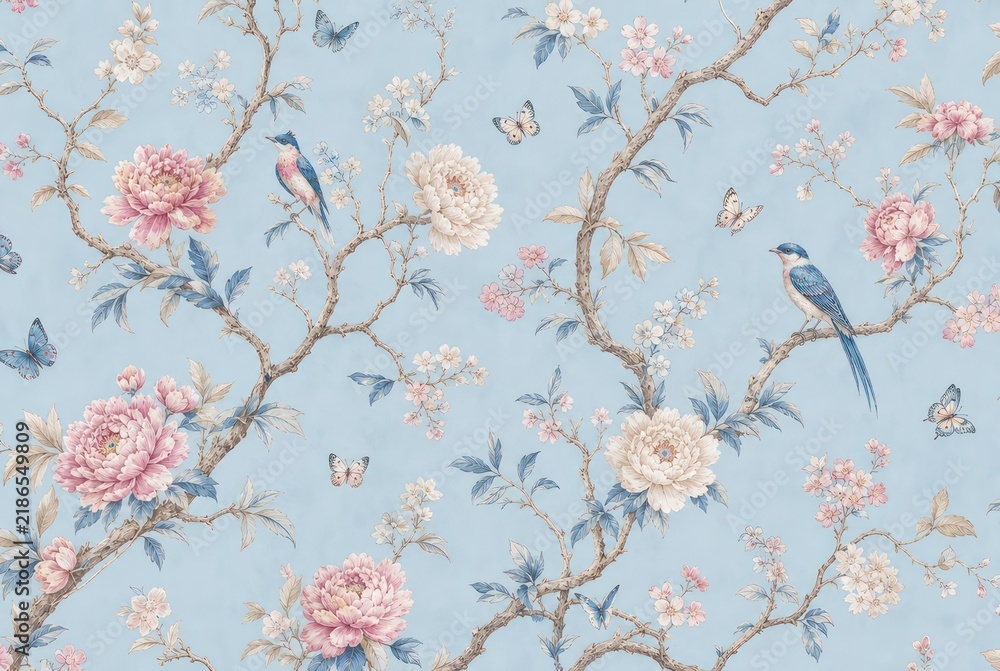 Obraz premium Elegant floral wallpaper with birds and butterflies on a blue background.