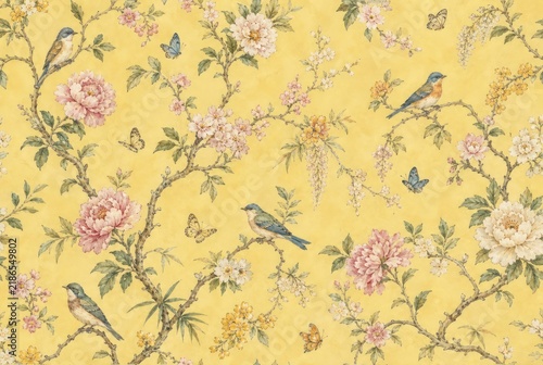 Vintage floral wallpaper with birds and butterflies on a yellow background.