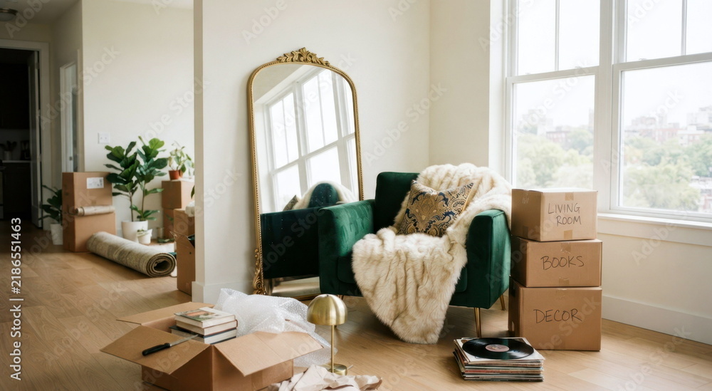 Fototapeta premium Stylish move-in apartment with stacked boxes, velvet armchair, gold mirror, and oversized faux-fur throw.