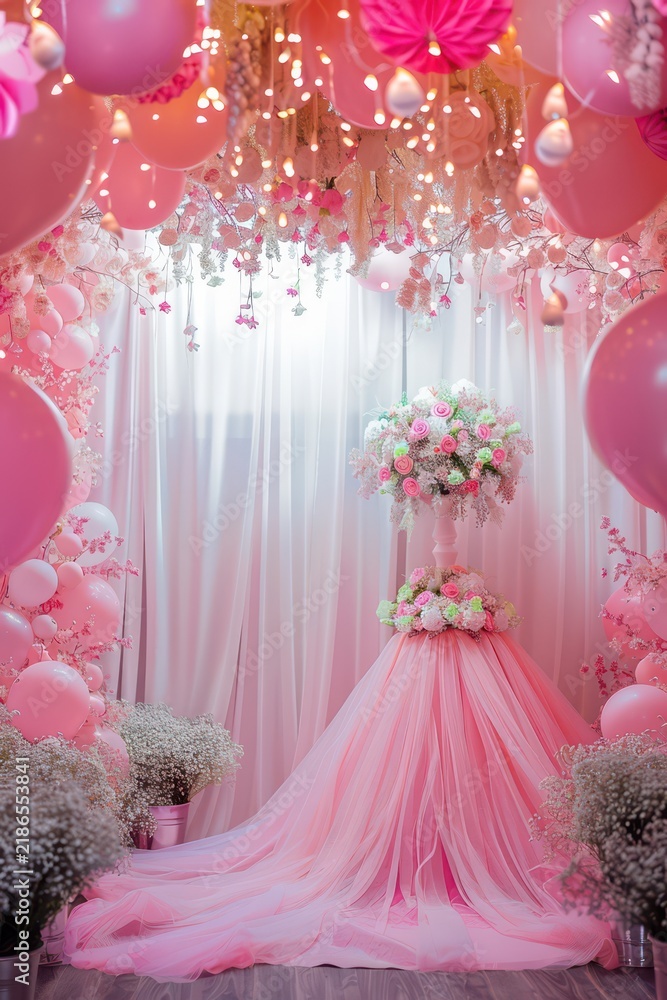 Naklejka premium Elegant quinceañera celebration with pink floral decor and balloons for 15th birthday party. Copy space