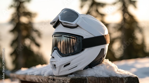 Obraz na płótnie Winter helmet and goggles set down during a break on the slopes