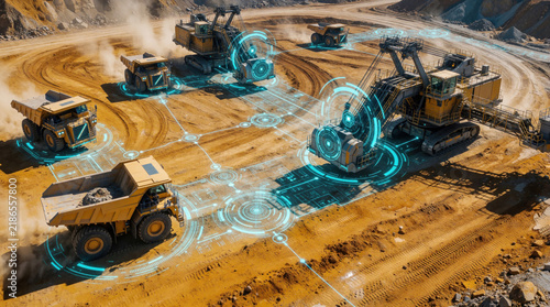 Aerial view of smart mining site with autonomous heavy machinery. Digital holographic interfaces connect trucks, excavators via wireless network. Future tech system monitors resource extraction,