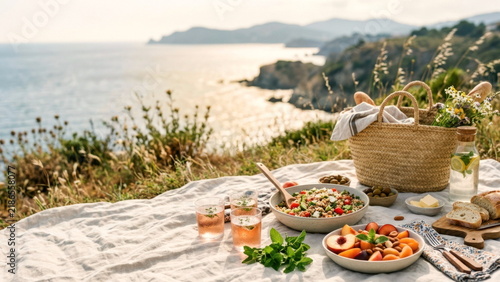 Sunlit coastal picnic with grain salads, stone fruit, herbs, woven basket, linen blanket, and sea view.