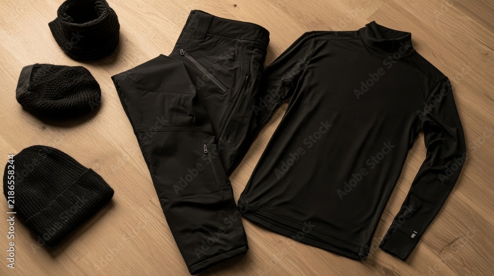 Obraz premium Top down view of packed snow clothing on a light wooden surface