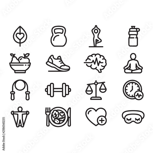 Health fitness and wellness line icons set, active lifestyle and medical care outline vector collection