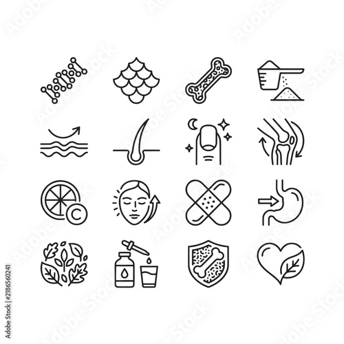 Collagen line icons set, skincare ingredient and beauty supplement outline vector collection