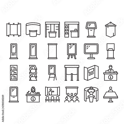 Exhibition and advertising stand line icons set, promo banner and display outline vector collection