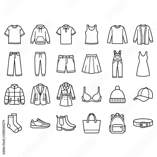 Clothing and apparel line icons set, fashion wear and garment outline vector collection