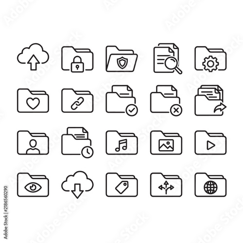 Folder line icons set, file storage and document management outline vector collection
