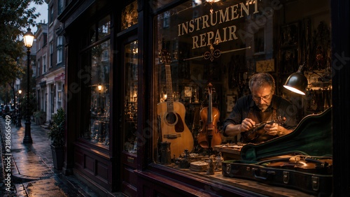 Elderly male luthier repairing string instruments inside a quaint instrument repair shop, illuminated by warm light, with guitars and tools visible in the window display