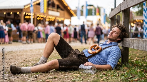 Tired man in traditional Bavarian clothing sleeping beside an empty beer mug after an Oktoberfest celebration