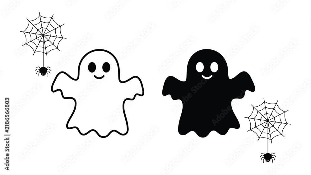 Fototapeta premium Cute ghost spider web in outlines solid silhouettes for halloween decorations spooky themed projects