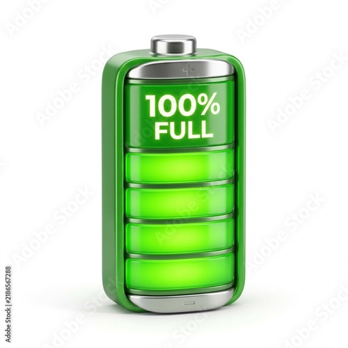 A green battery icon showing one hundred percent charge level with full charge