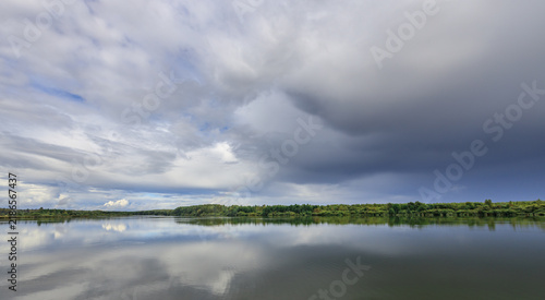 Serene lake with storm clouds mirrored below
