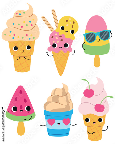 Cute ice cream cartoon character set isolated on white background. Kawaii summer dessert vector collection including waffle cones, popsicles, sundae, and watermelon ice pop with funny faces.